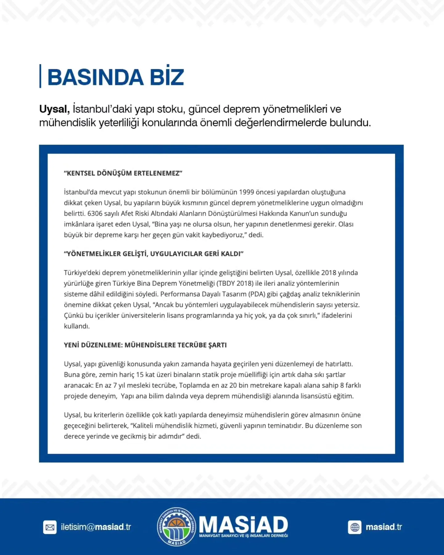 MASİAD Yönetim Kurulu Üyemiz, İnşaat Mühendisi Yusuf Özgür Uysal’dan çarpıcı açıklama: