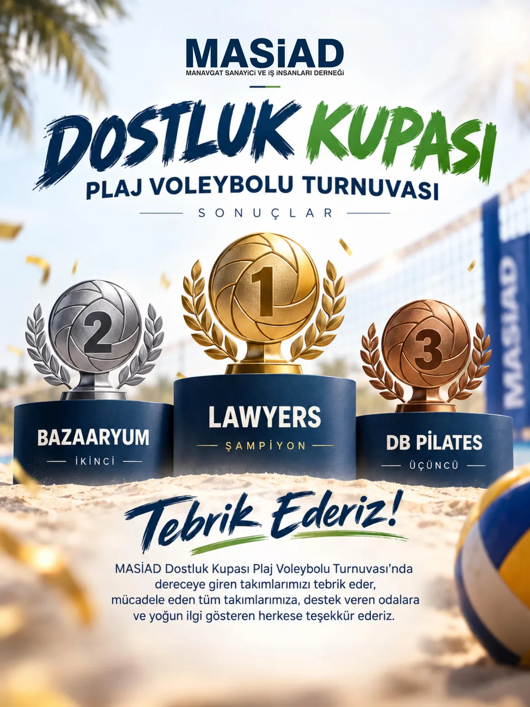 1. Geleneksel MASİAD Dostluk Kupası Plaj Voleybolu Turnuvamızı Tamamladık
